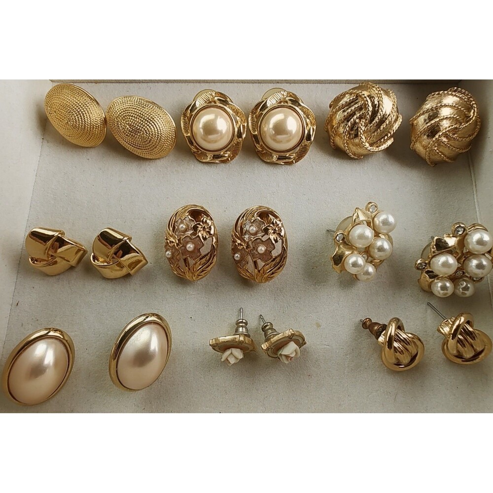 Vintage Gold Tone & Faux Pearls Designer Earrings Lot Avon Napier Trifari EXC